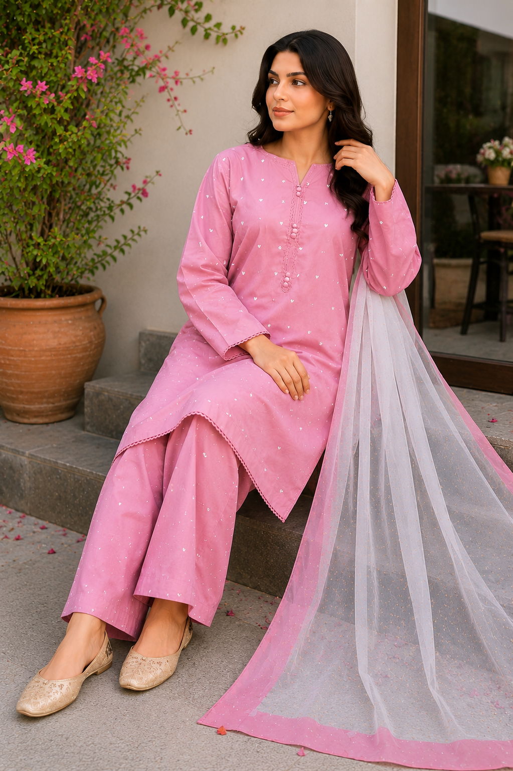 A woman models a pink three-piece salwar kameez suit with matching trousers and a sheer pink dupatta, sitting on outdoor stone steps next to a potted plant.