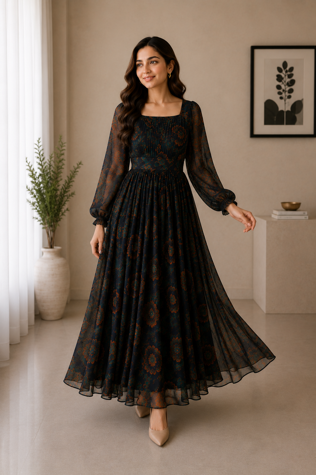 A woman modeling a long-sleeved black maxi dress with a brown and gold paisley pattern, standing in a minimalist beige-toned room.
