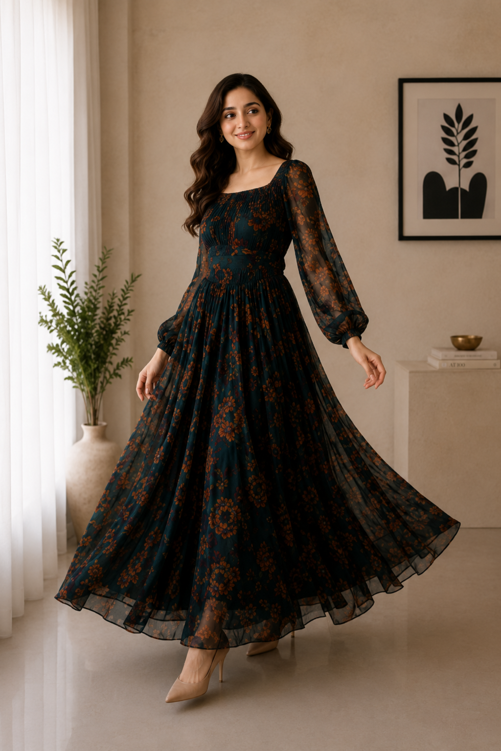 A woman modeling a long-sleeved black maxi dress with a brown floral pattern, standing in a warm, neutral-toned room with a potted plant and framed wall art.