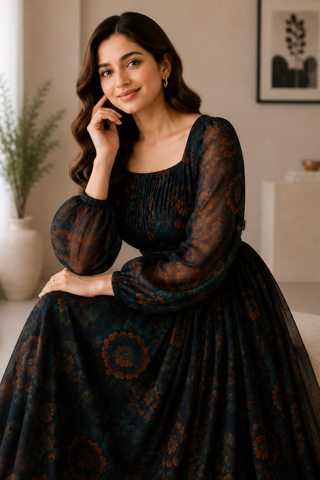 A woman wearing a dark teal and brown floral-patterned long-sleeve dress, posing in a softly lit indoor setting.
