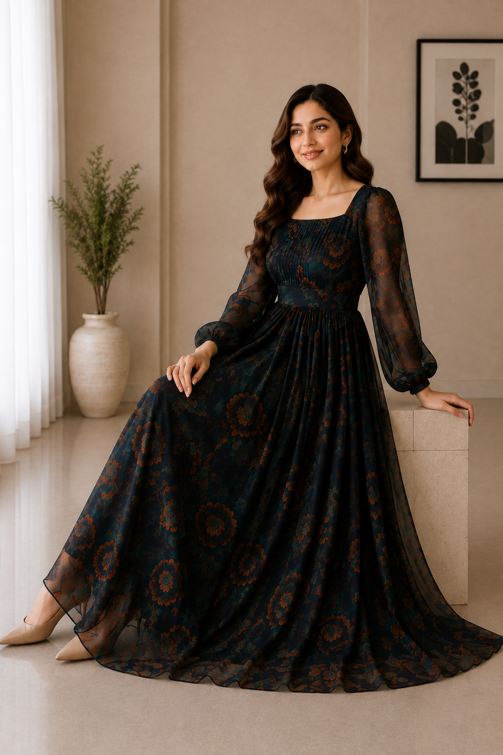 A woman models a long-sleeved black maxi dress with a brown circular mandala pattern, posed in a warm, neutral-toned indoor setting.