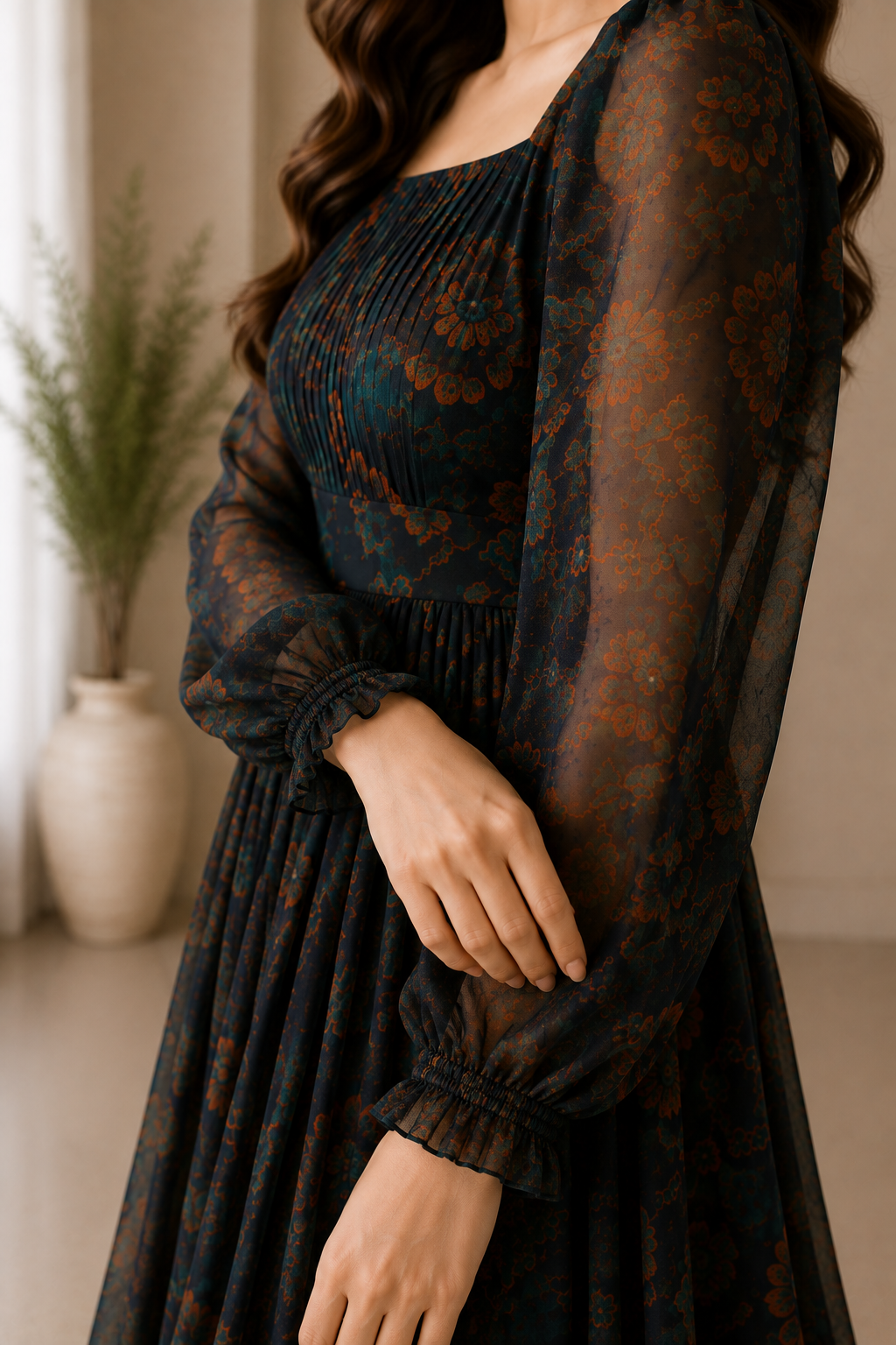 A woman wearing a dark sheer long-sleeve dress with a rust-orange floral pattern, standing indoors near a window with a potted plant in the background.