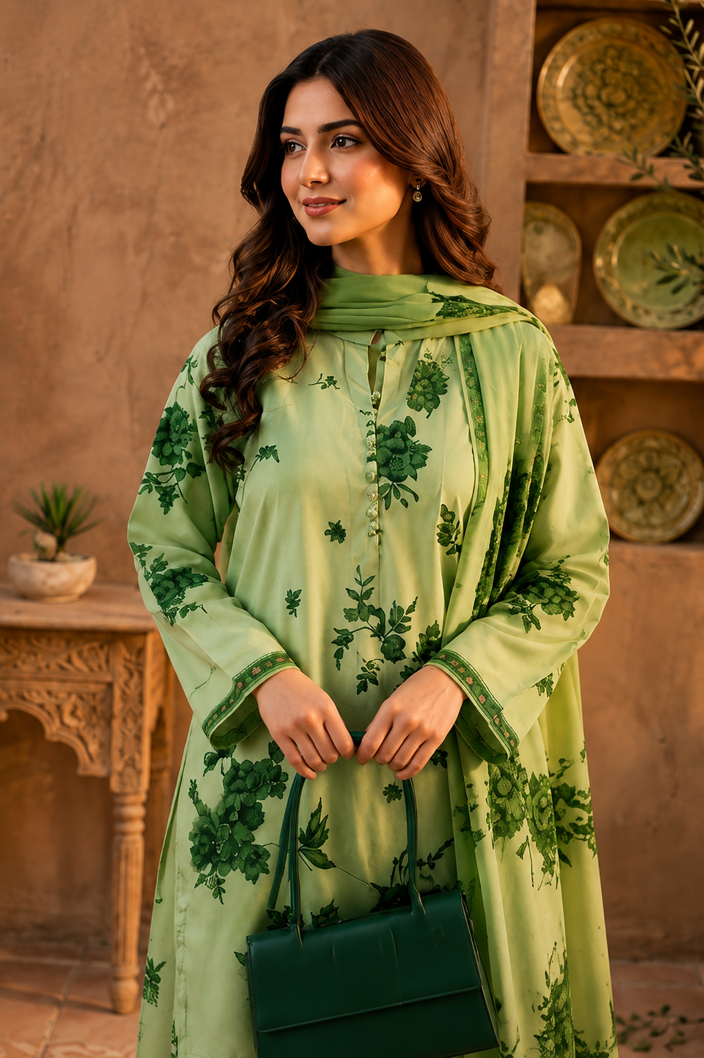 A woman models a light green traditional outfit with a dark green floral print and a matching dupatta, holding a dark green handbag in front of a warm, rustic brown wall with decorative plates.