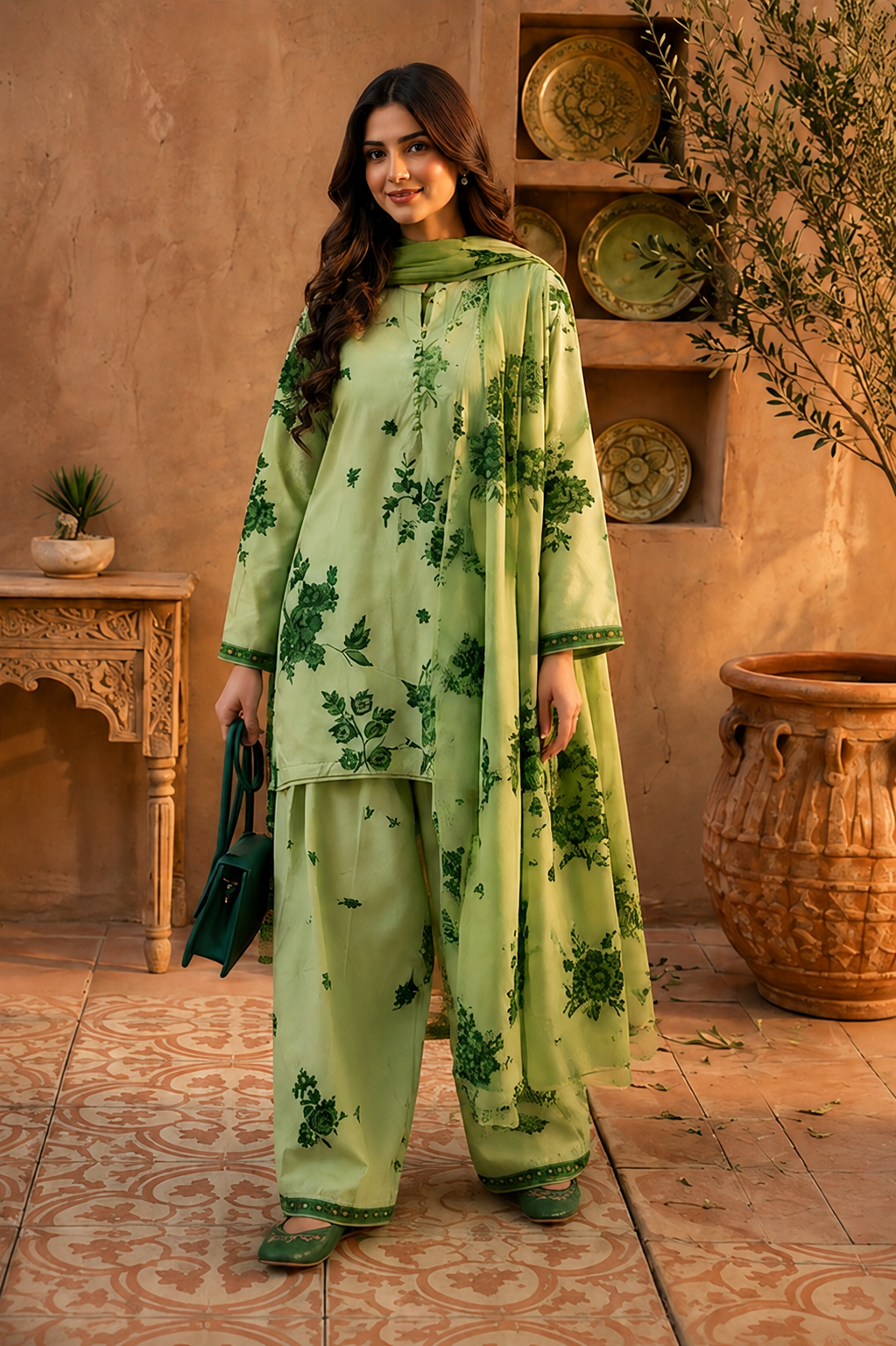 A woman models a light green three-piece traditional outfit with dark green floral prints, consisting of a long kurta, wide-leg pants, and a dupatta, set against a rustic terracotta wall and tiled floor.