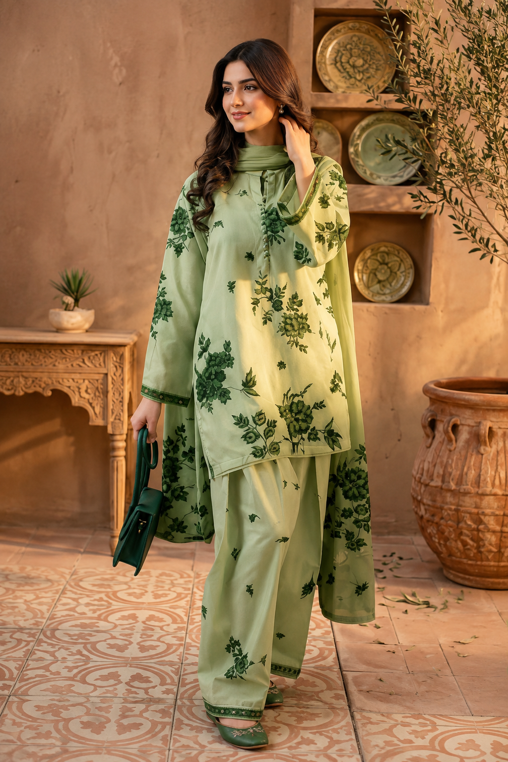 A woman models a light sage green three-piece salwar kameez suit with dark green floral embroidery, set against a warm, rustic terracotta wall background with decorative plates and a large clay pot.
