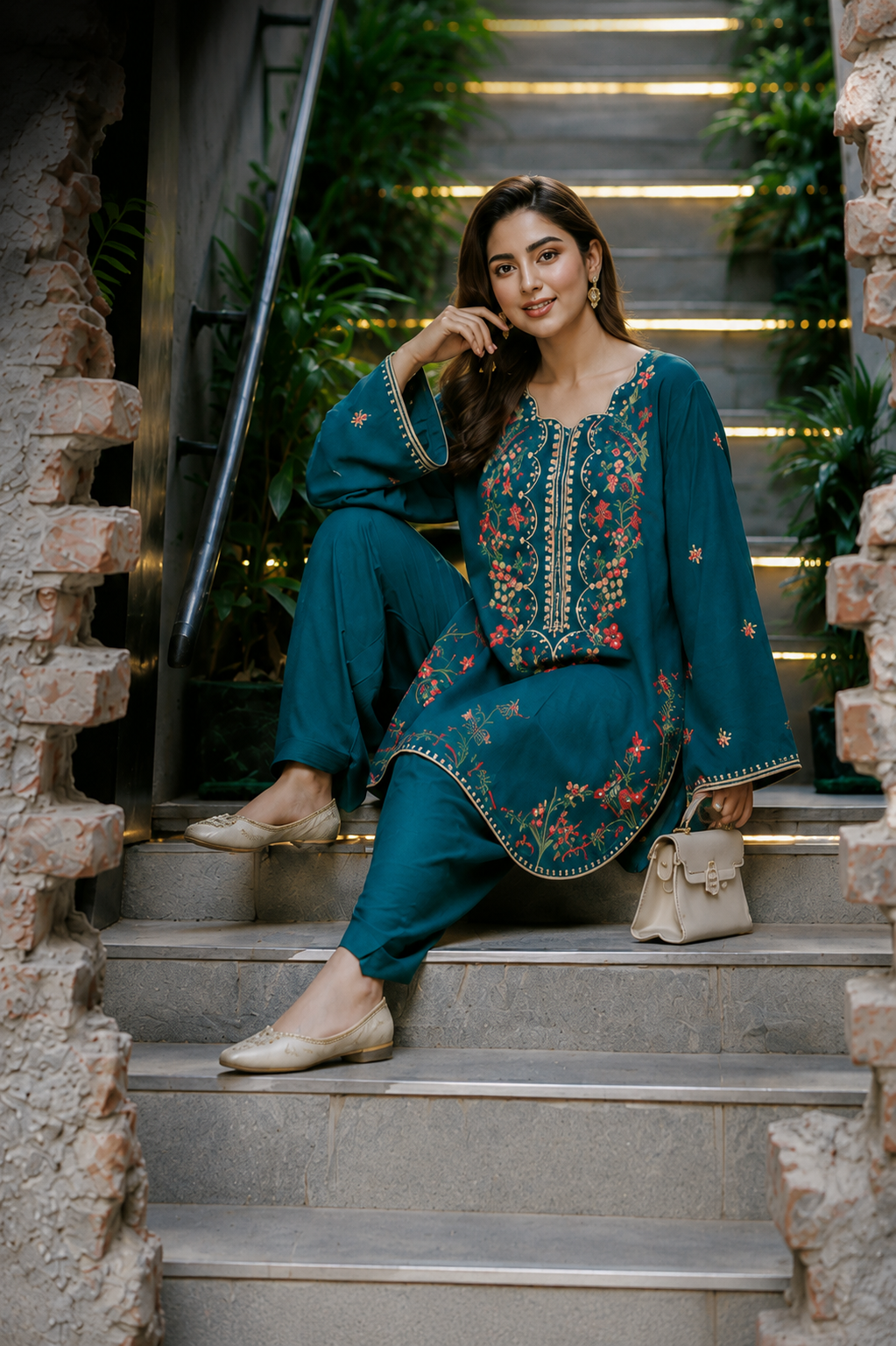 A woman models a teal green ethnic salwar kameez suit with floral embroidery, standing in a stone archway corridor.