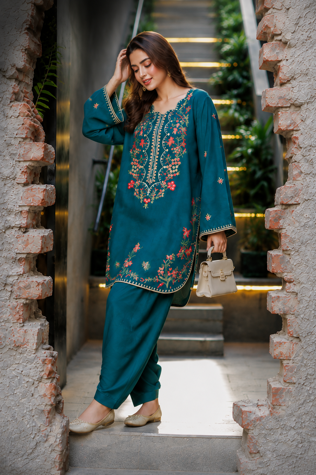A woman models a teal green embroidered kurta and pant set with beige shoes and a beige handbag, standing in a stone archway doorway.