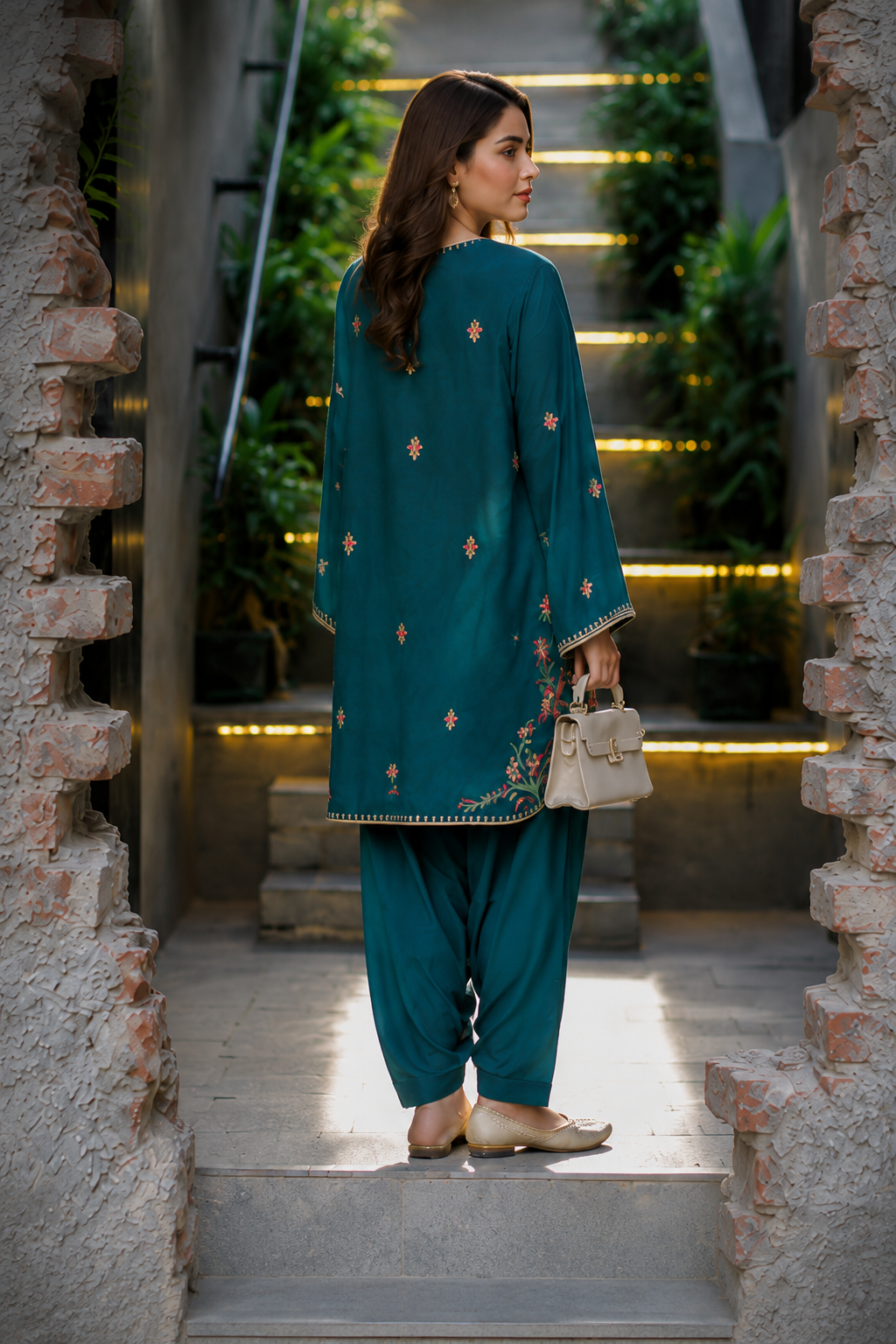 A woman stands on outdoor concrete steps framed by rustic brick pillars, wearing a teal green three-piece salwar kameez suit with gold embroidery and holding a beige handbag.