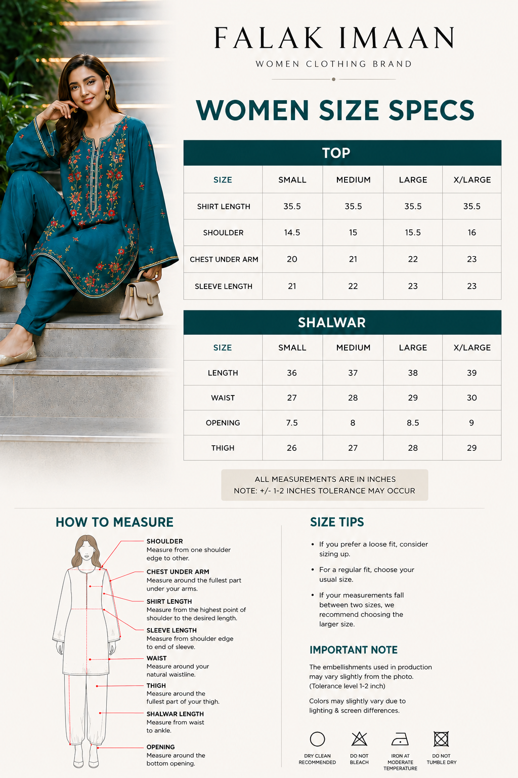 A size specification and measurement chart for Falak Imaan women's clothing, featuring a model wearing a blue embroidered outfit on the top left, with tables for top and shawl/waist measurements and a how-to-measure diagram on a white background.