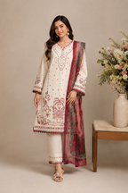A woman models a traditional South Asian salwar kameez suit set. The outfit consists of an off-white long kurta with intricate maroon and gold embroidery, matching off-white trousers, and a maroon and gold printed dupatta.