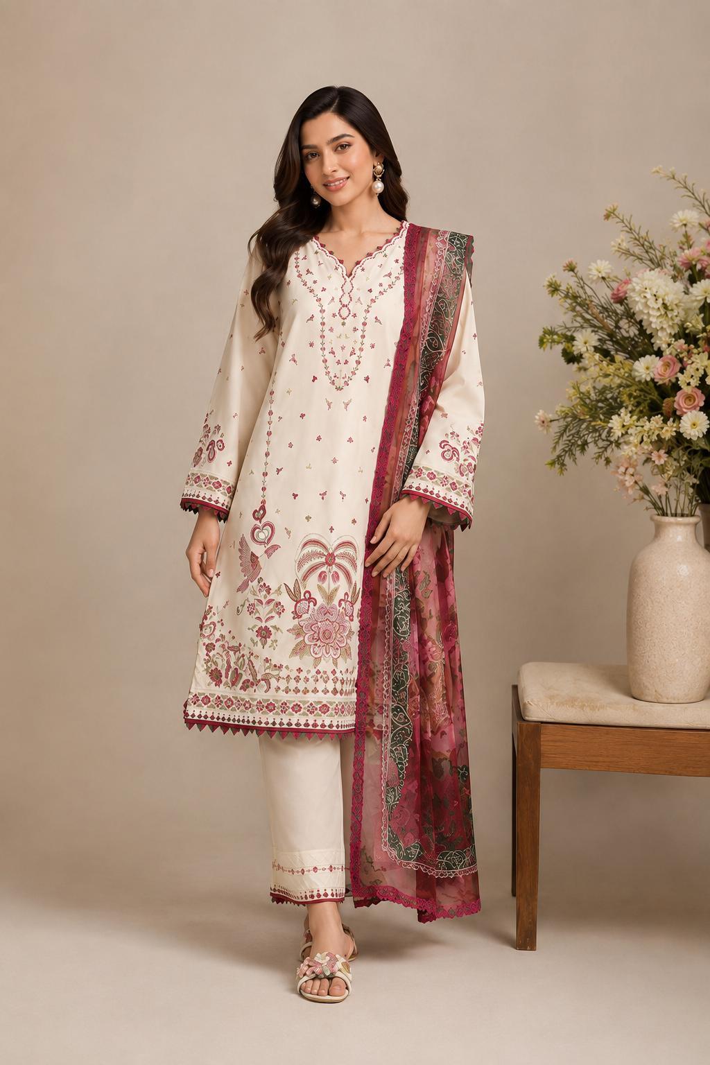 A woman models a traditional South Asian salwar kameez suit set. The outfit consists of an off-white long kurta with intricate maroon and gold embroidery, matching off-white trousers, and a maroon and gold printed dupatta.