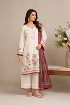 A woman models a traditional three-piece salwar kameez suit in off-white with pink and green floral embroidery, paired with a matching pink dupatta, set against a neutral studio background with a floral arrangement.