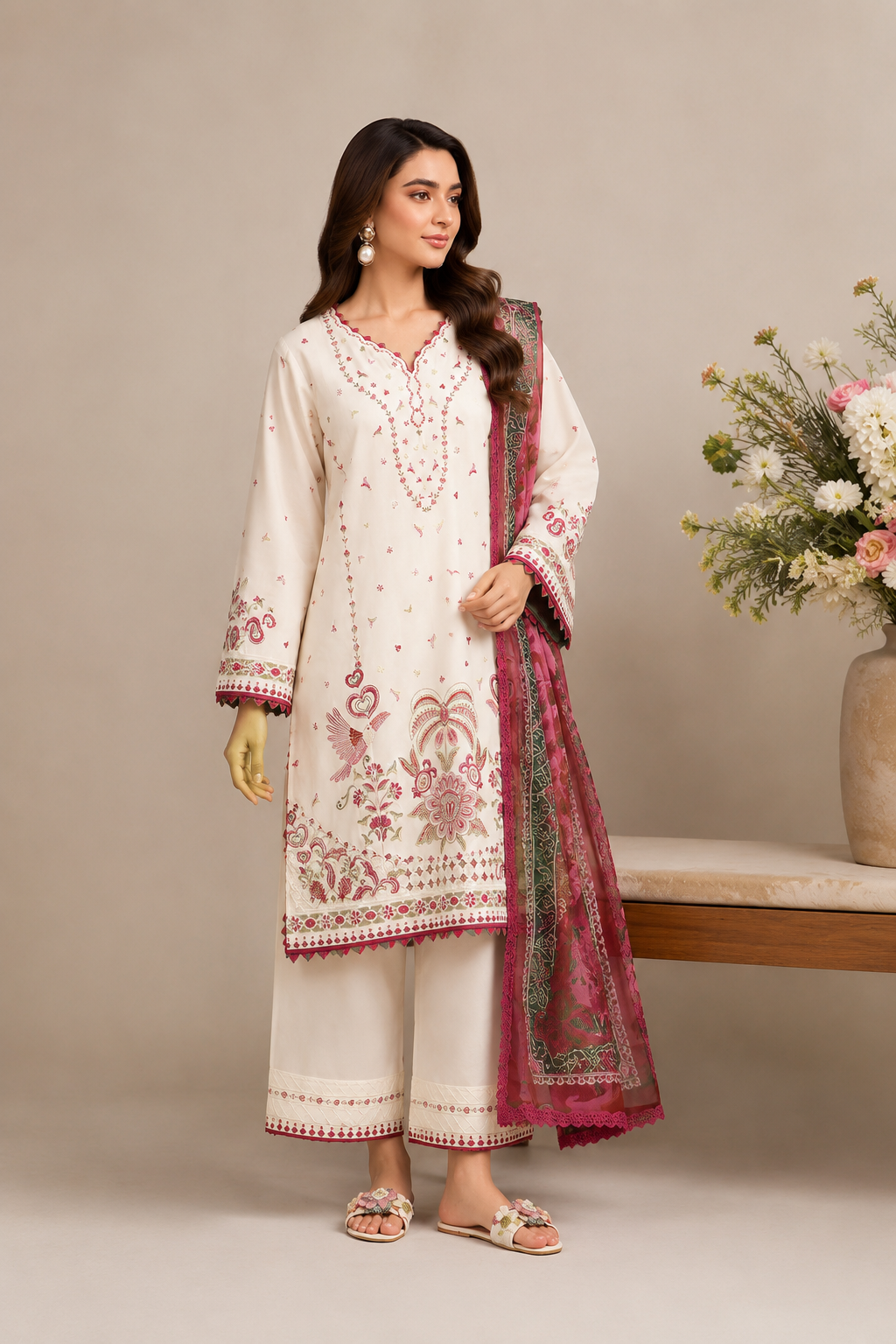 A woman models a traditional three-piece salwar kameez suit in off-white with pink and green floral embroidery, paired with a matching pink dupatta, set against a neutral studio background with a floral arrangement.