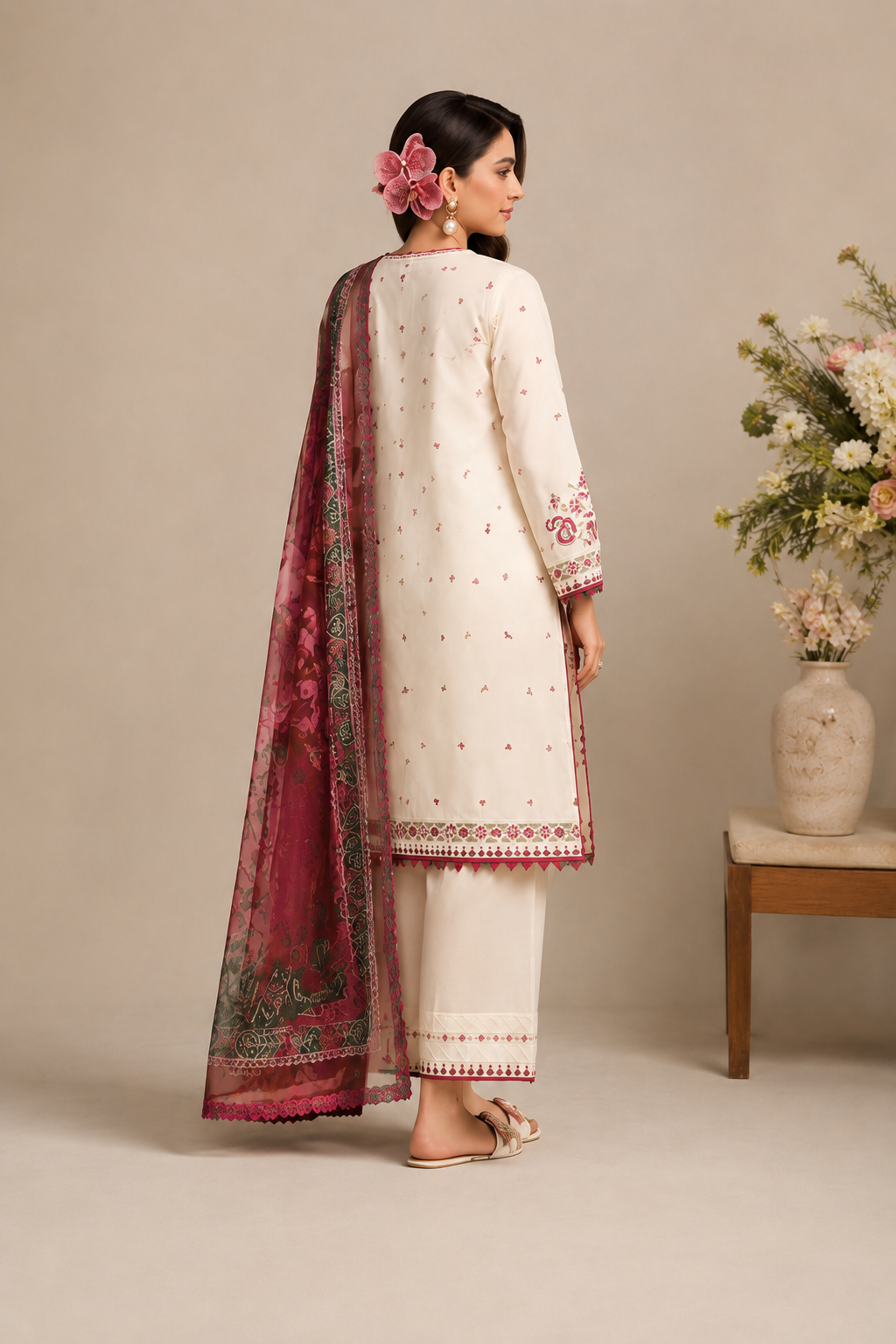 A woman modeling a traditional three-piece salwar kameez suit in cream with pink and red embroidery, paired with a deep pink printed dupatta, standing in profile against a neutral beige background.