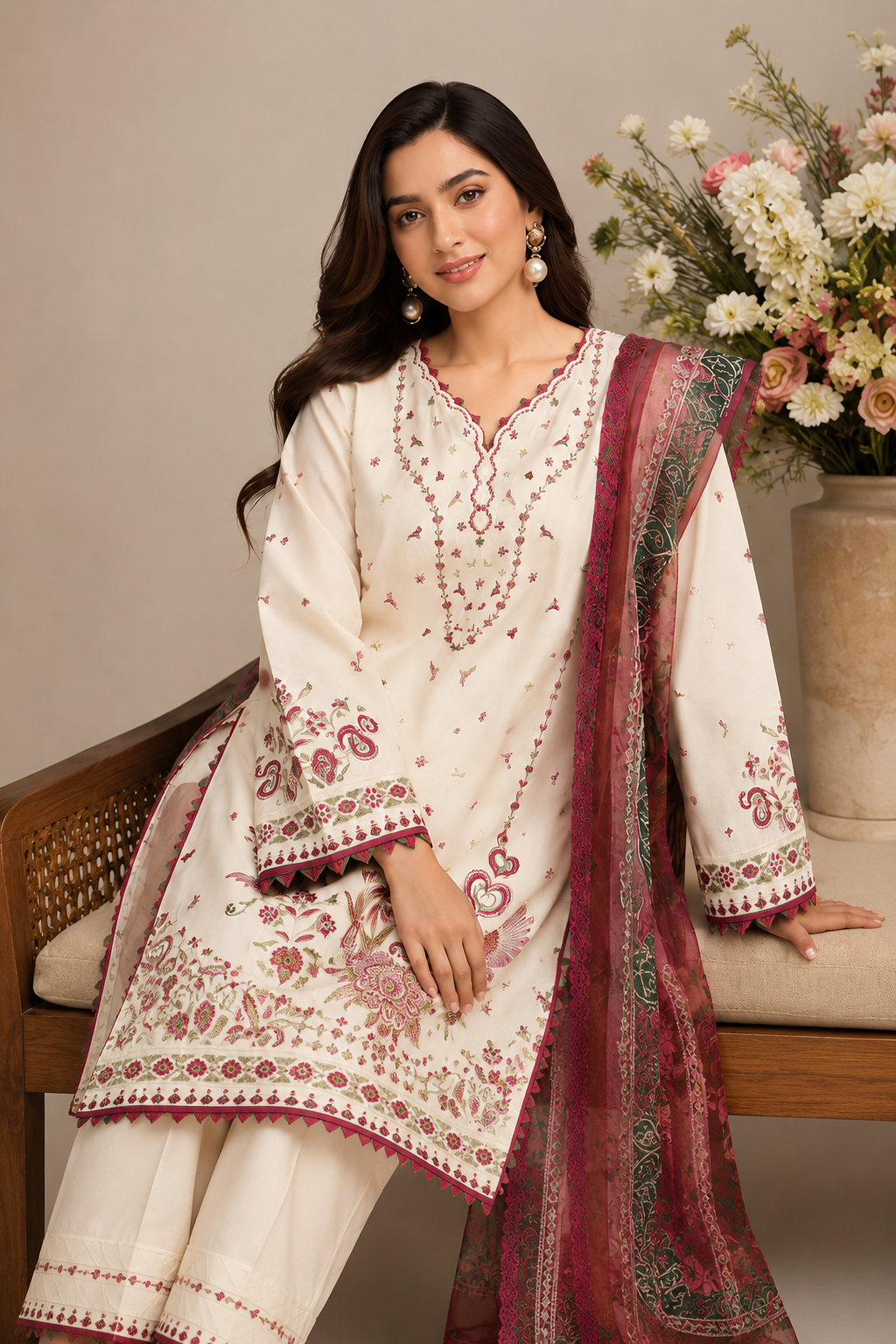 A woman models a traditional South Asian salwar kameez suit set. The set features an off-white cotton kurta and matching trousers with intricate maroon and gold floral embroidery, paired with a matching maroon printed dupatta.
