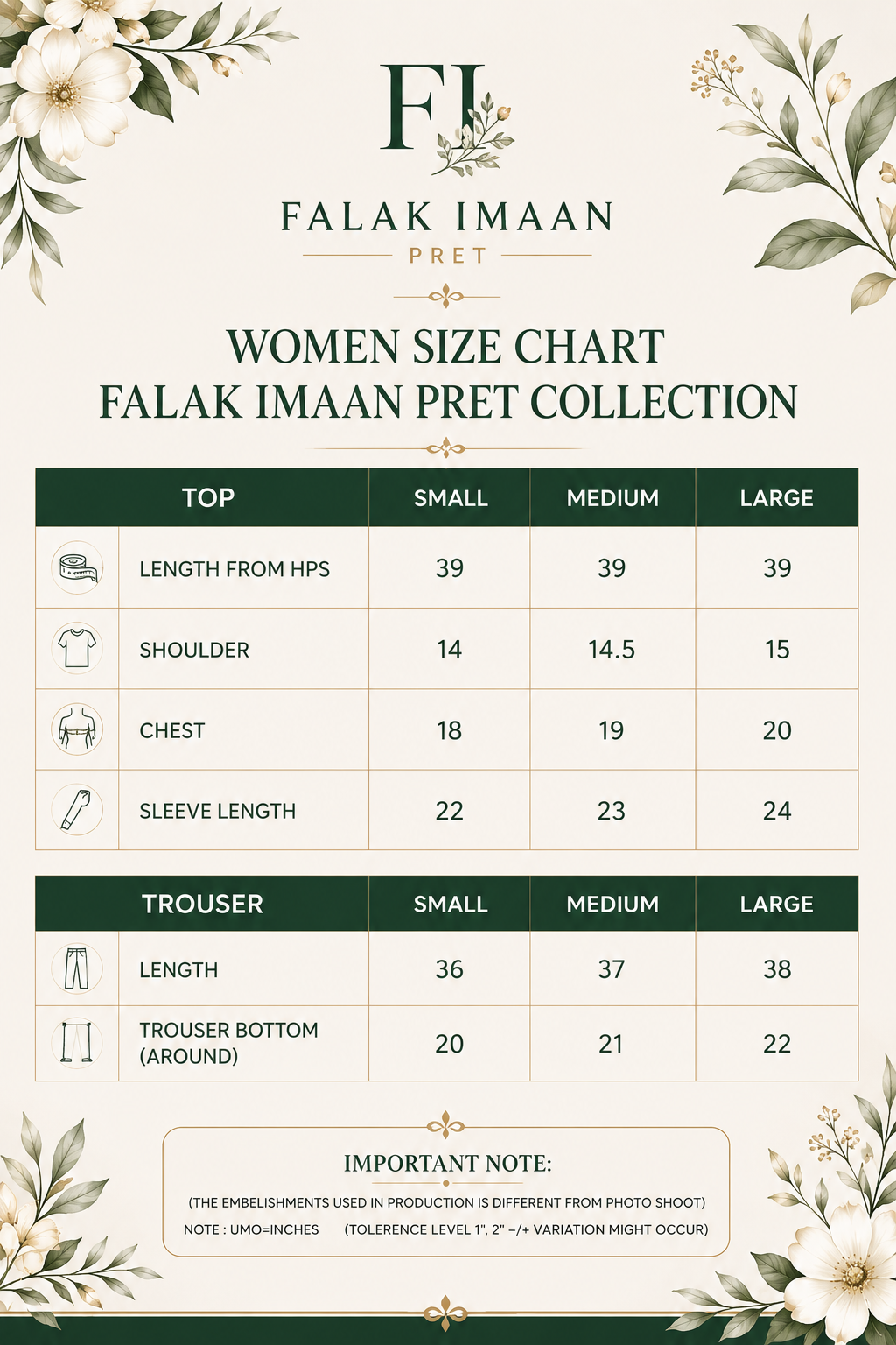 A women's size chart graphic for the Falak Imaan Pret Collection, displaying measurements for Tops and Trouser in Small, Medium, and Large sizes. The chart features a clean layout with a cream background, dark green headers, and delicate floral illustrations in the corners.