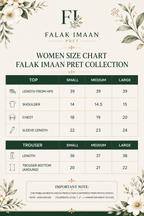 A women's size chart graphic for the Falak Imaan Pret Collection, displaying measurements for Tops and Trouser in Small, Medium, and Large sizes. The chart features a clean layout with a cream background, dark green headers, and delicate floral illustrations in the corners.